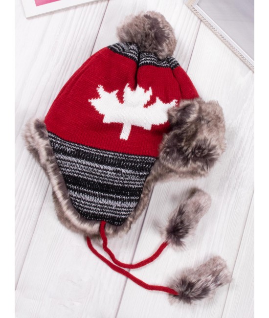 Maple Leaf Fur Hat W/ Pompoms